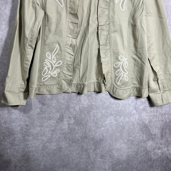 Chico's Blazer Jacket Womens Size 2 US Large Tan Ruffle Trim Embroidered Paisley - Picture 3 of 8